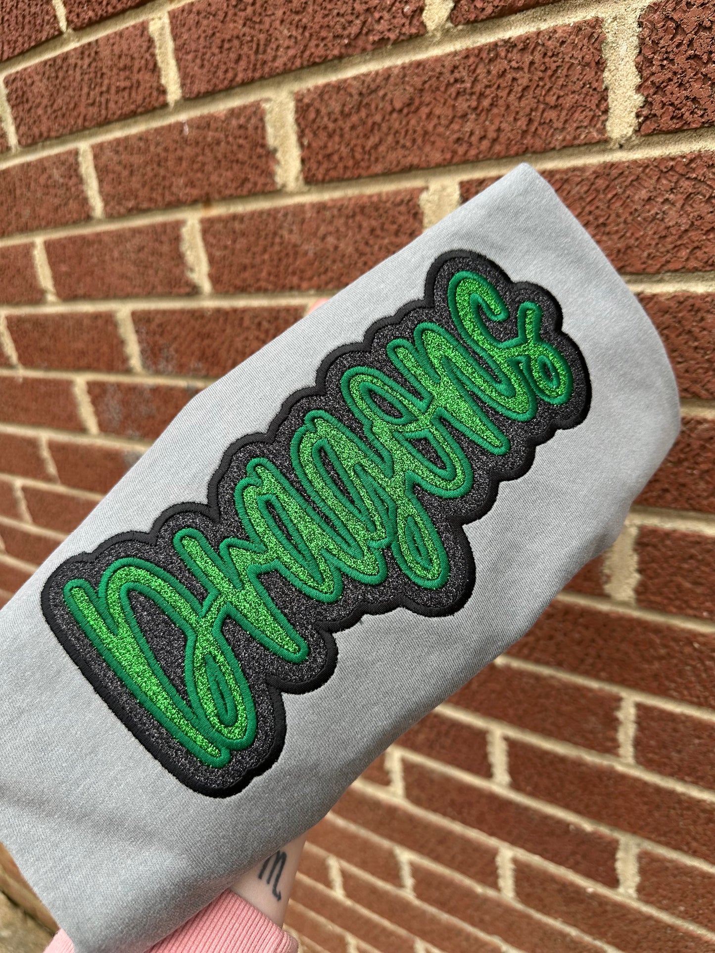 DOUBLE STACKED GLITTER MASCOT DRAGONS (GREEN AND BLACK) -GREY
