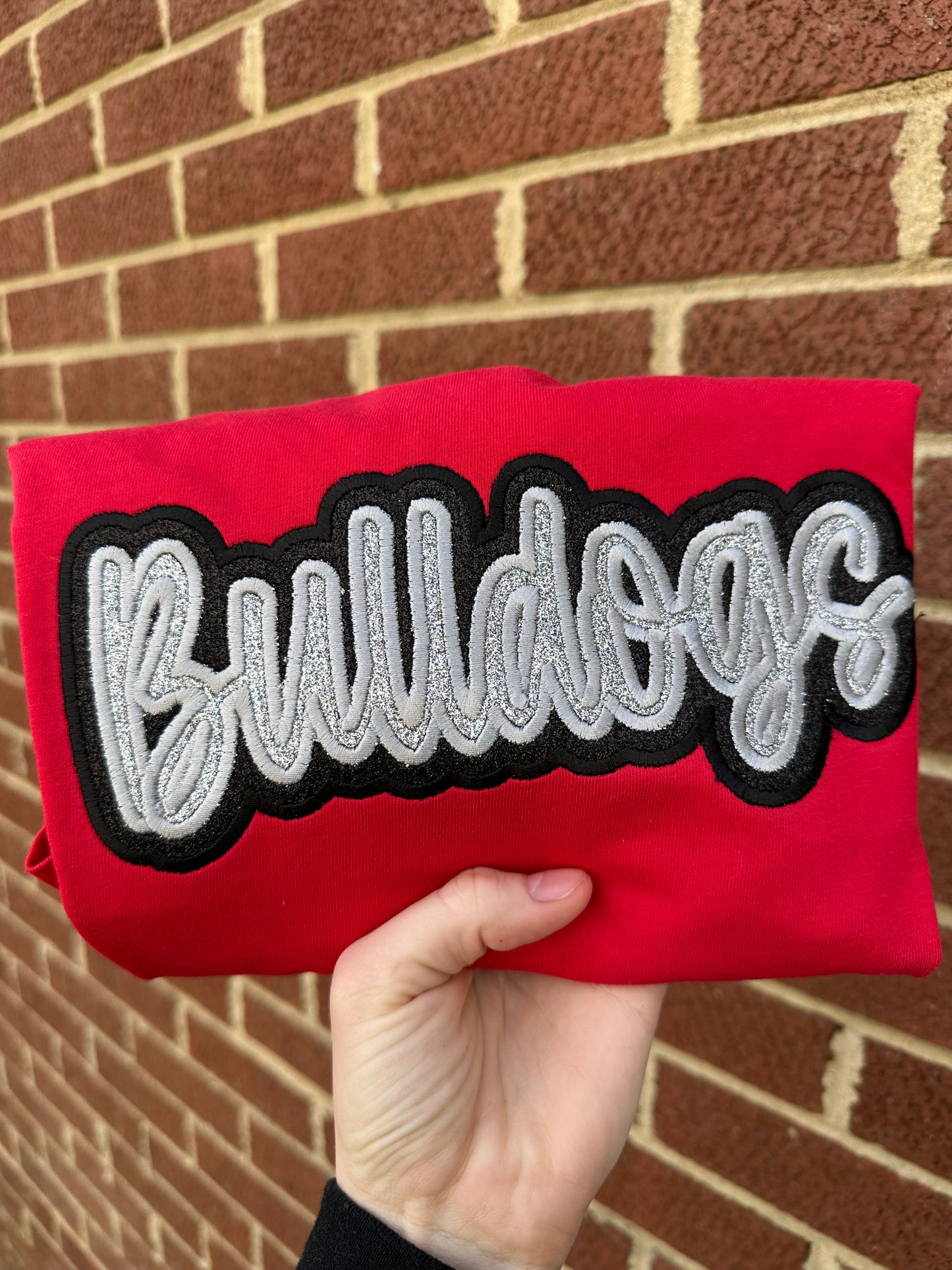 DOUBLE STACKED GLITTER MASCOT BULLDOGS RED AND BLACK